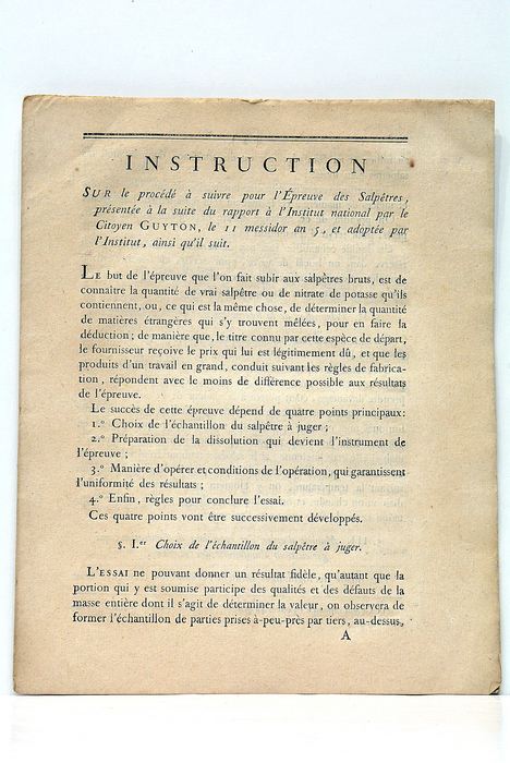 Instruction sur le procédé à suivre pour l'Epreuve des Salpêtres, …