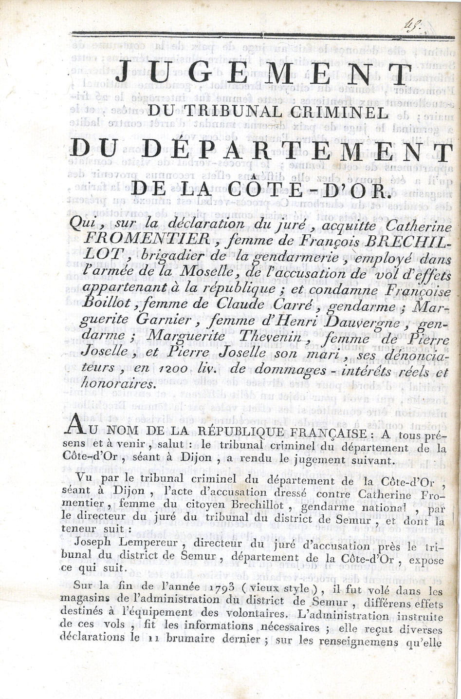 JUGEMENT DU TRIBUNAL CRIMINEL Du Département de la Côte-d'Or.