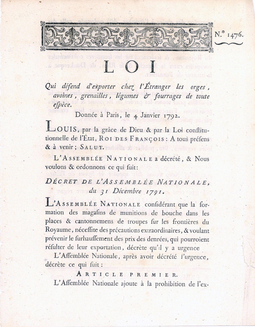 LOI qui défend d'exporter chez l'Étranger les Orges, Avoines, Grenailles, …