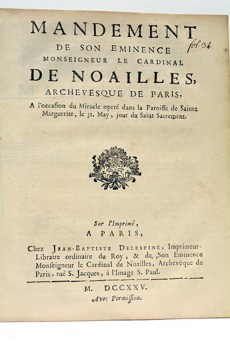 MANDEMENT de son Eminence Monseigneur le Cardinal de Noailles, Archevesque …