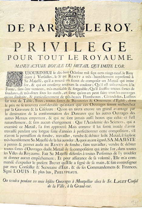 MANUFACTURE ROYALE du Metail (sic) qui imite l'Or. Privilège pour …