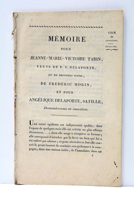 MEMOIRE pour Jeanne-Marie-Victoire Tarin, veuve de P. E. Delaporte, et …