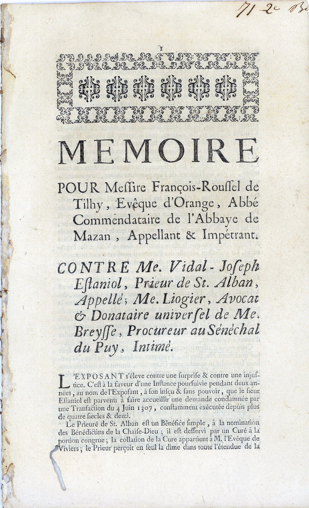 MEMOIRE pour Messire François Roussel de Tilhy, Evêque d'Orange, Abbé …