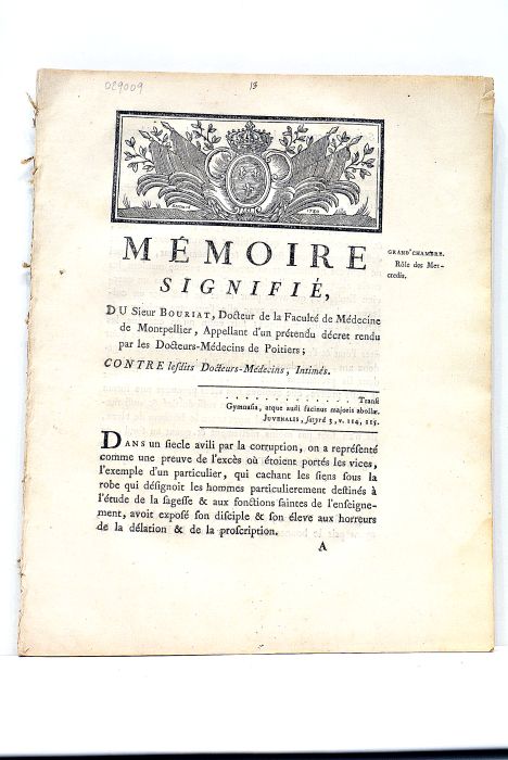 MEMOIRE Signifié, du Sieur Bouriat, Docteur de la Faculté de …