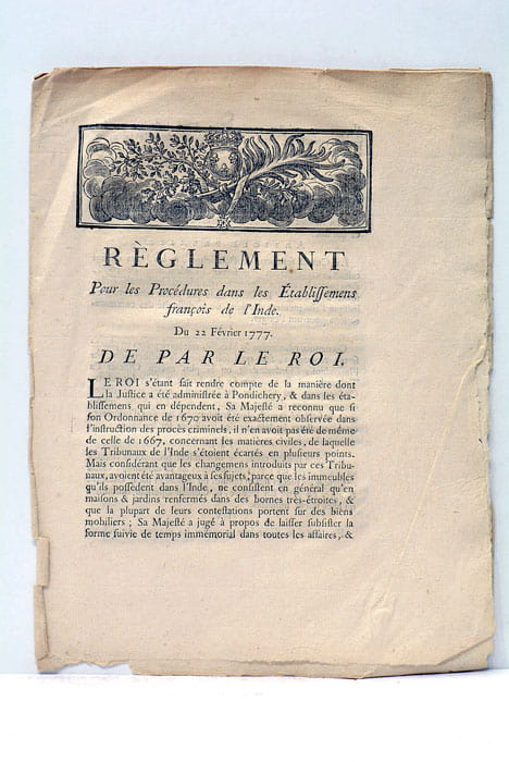 REGLEMENT pour les Procédures dans les Etablissements de L'INDE.