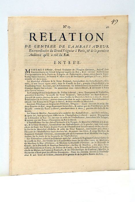 RELATION DE L'ENTREE DE L'AMBASSADEUR Extraordinaire du Grand Seigneur à …