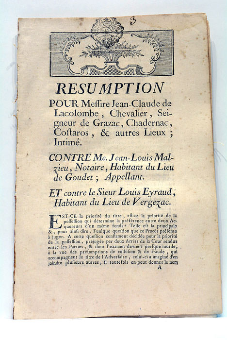 RESUMPTION POUR Messire Jean-Claude de Lacolombe, Chevalier, Seigneur de Grazac, …