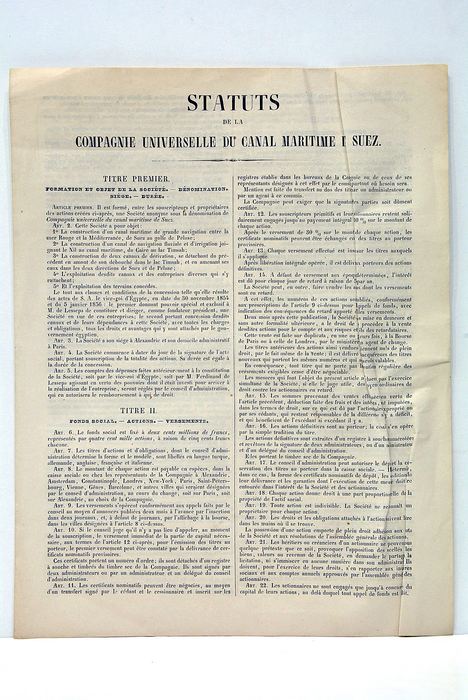 Statuts de la Compagnie Universelle du Canal Maritime de Suez.