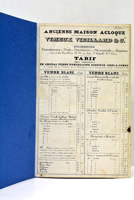 VIMEUX, VIEILLARD et Cie. Tarif des Vaisseaux en Cristal, Verre, …