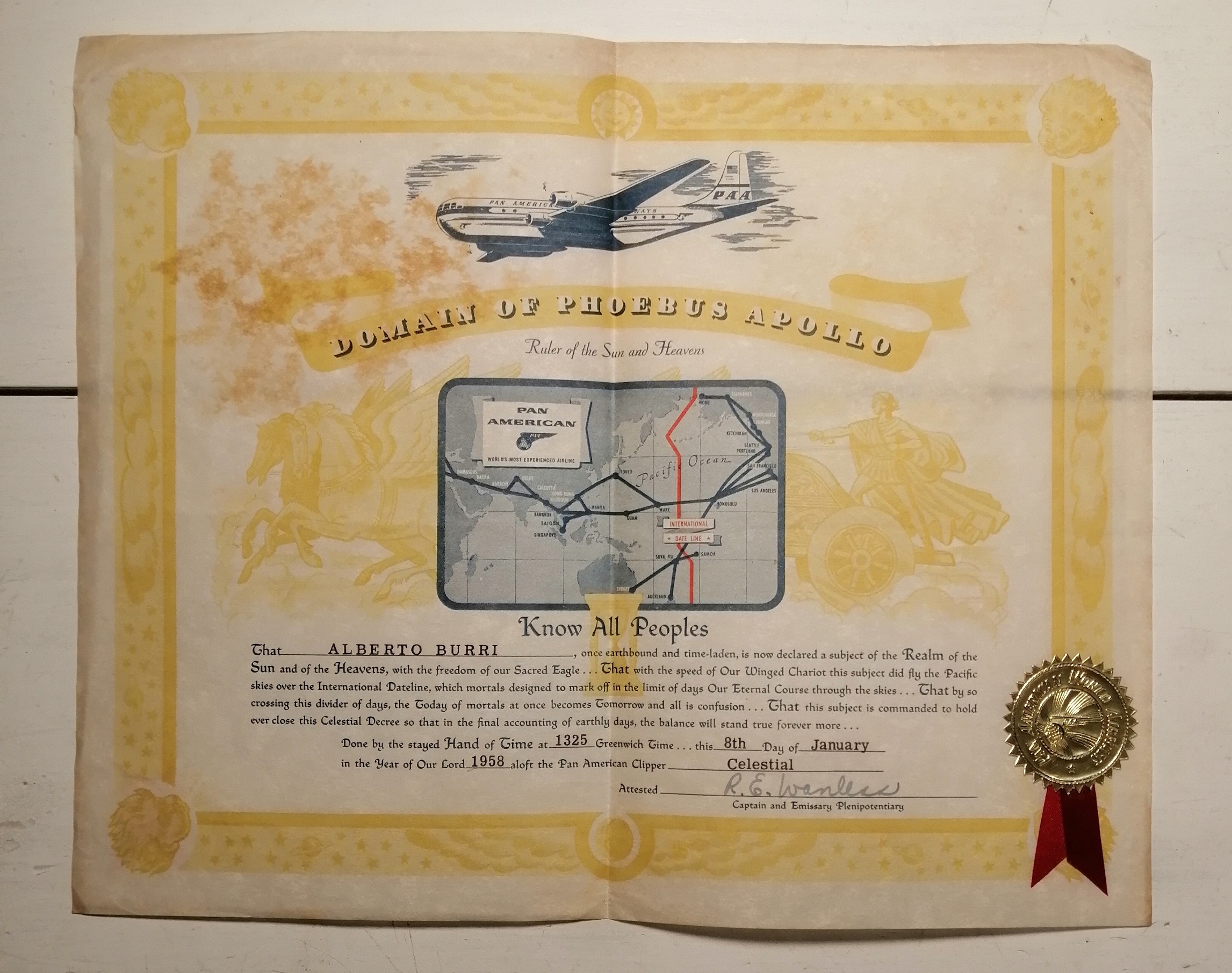 PAN AMERICAN 1958 CERTIFICATE ISSUED TO ALBERTO BURRI