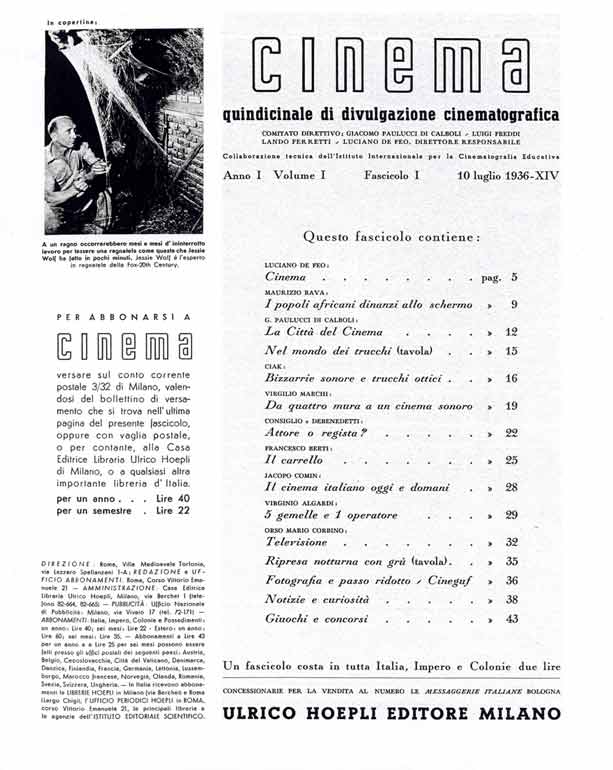 CINEMA. 1936. Anno I. - Quindicinale di divulgazione cinematografica.