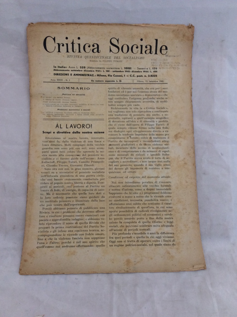 CRITICA SOCIALE. - Rivista quindicinale del Socialismo. Fondata da Filippo …