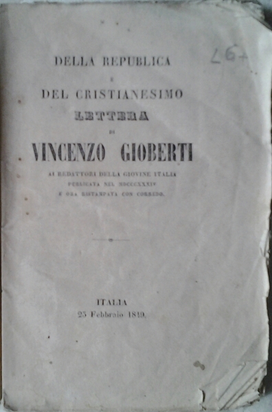 DELLA REPUBLICA (REPUBBLICA) E DEL CRISTIANESIMO. - Lettera di Vincenzo …