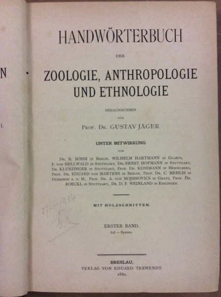 HANDWORTERBUCH DER ZOOLOGIE ANTHROPOLOGIE UND ETHNOLOGIE. 8 Volumi.
