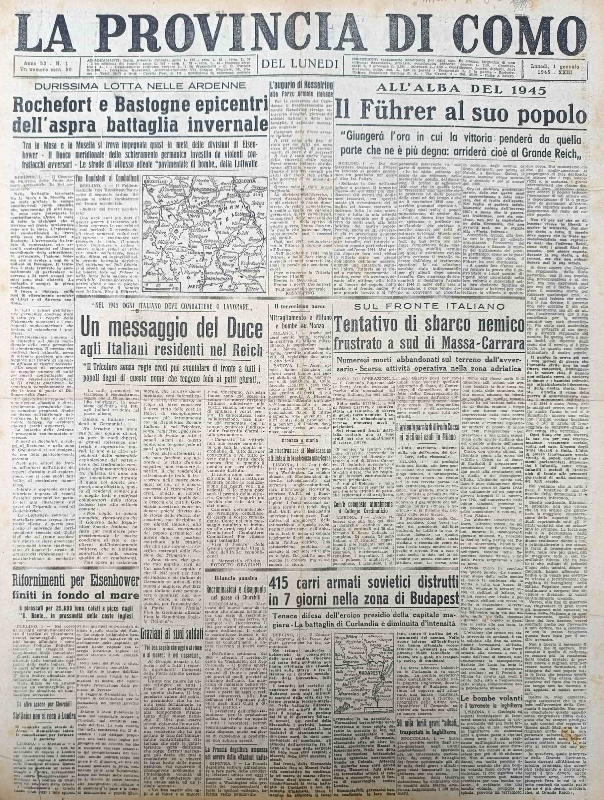 LA PROVINCIA DI COMO. 1 gennaio 1945. Quotidiano del Mattino.