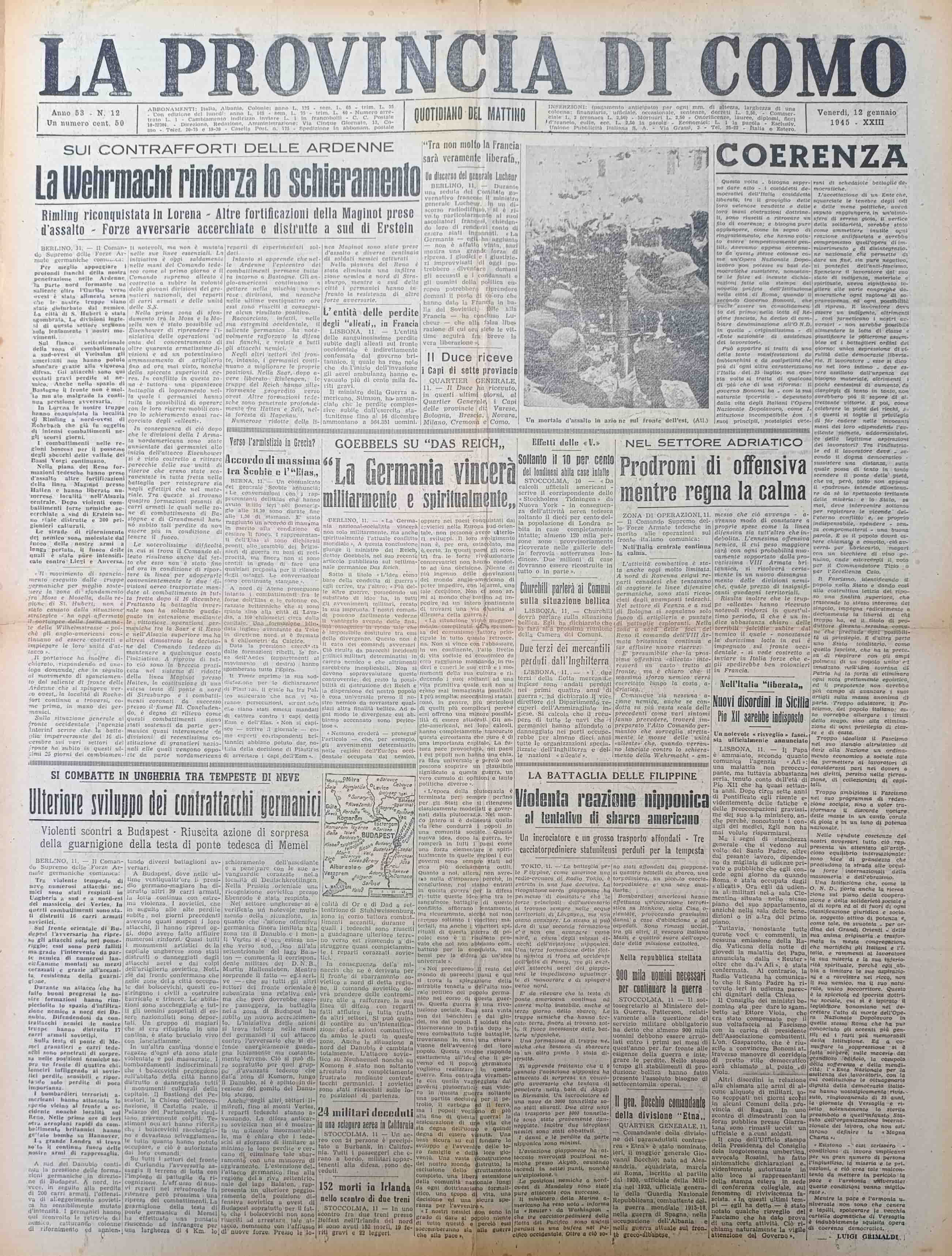 LA PROVINCIA DI COMO. 12 gennaio 1945. Quotidiano del Mattino.
