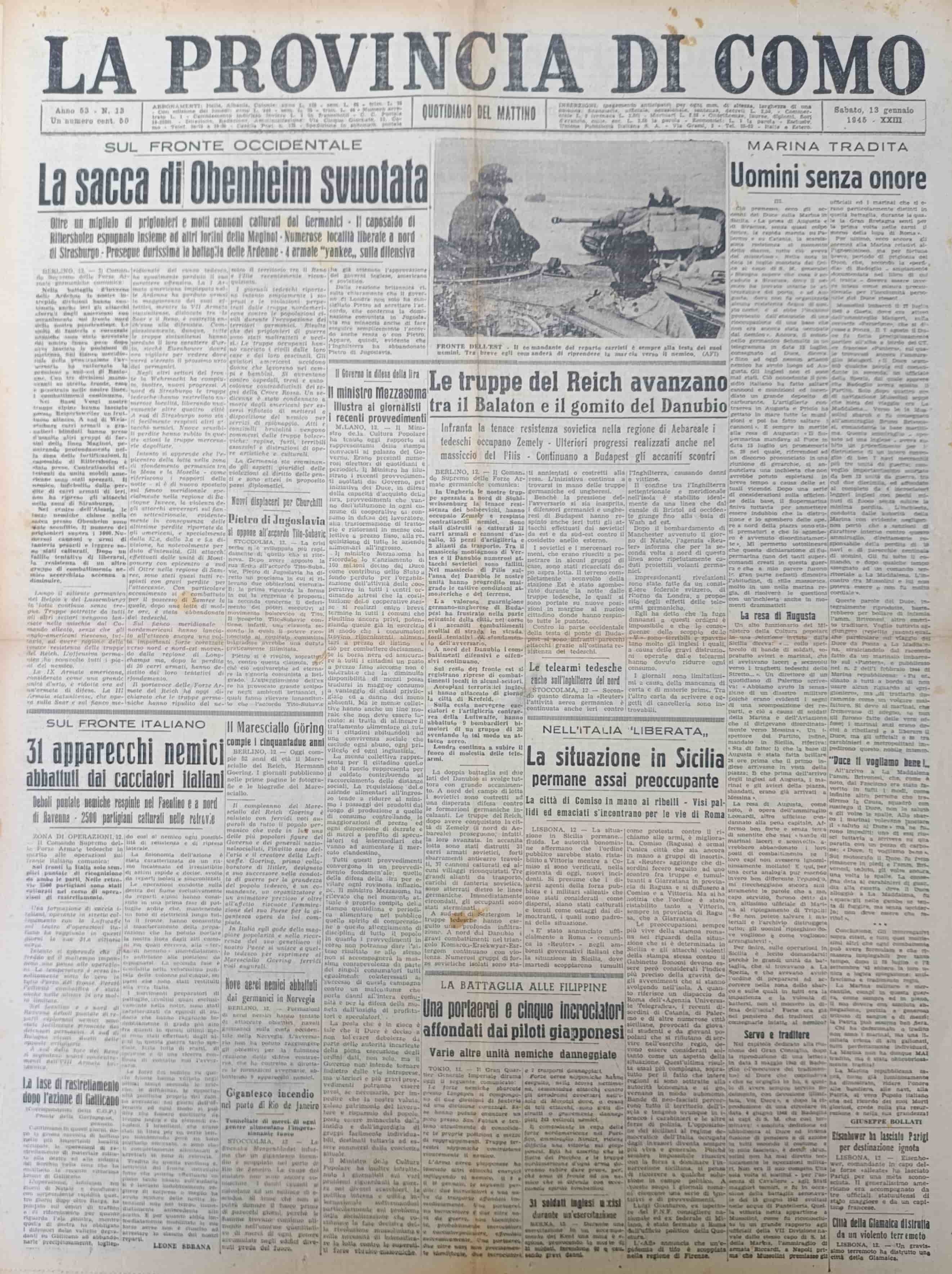 LA PROVINCIA DI COMO. 13 gennaio 1945. Quotidiano del Mattino.