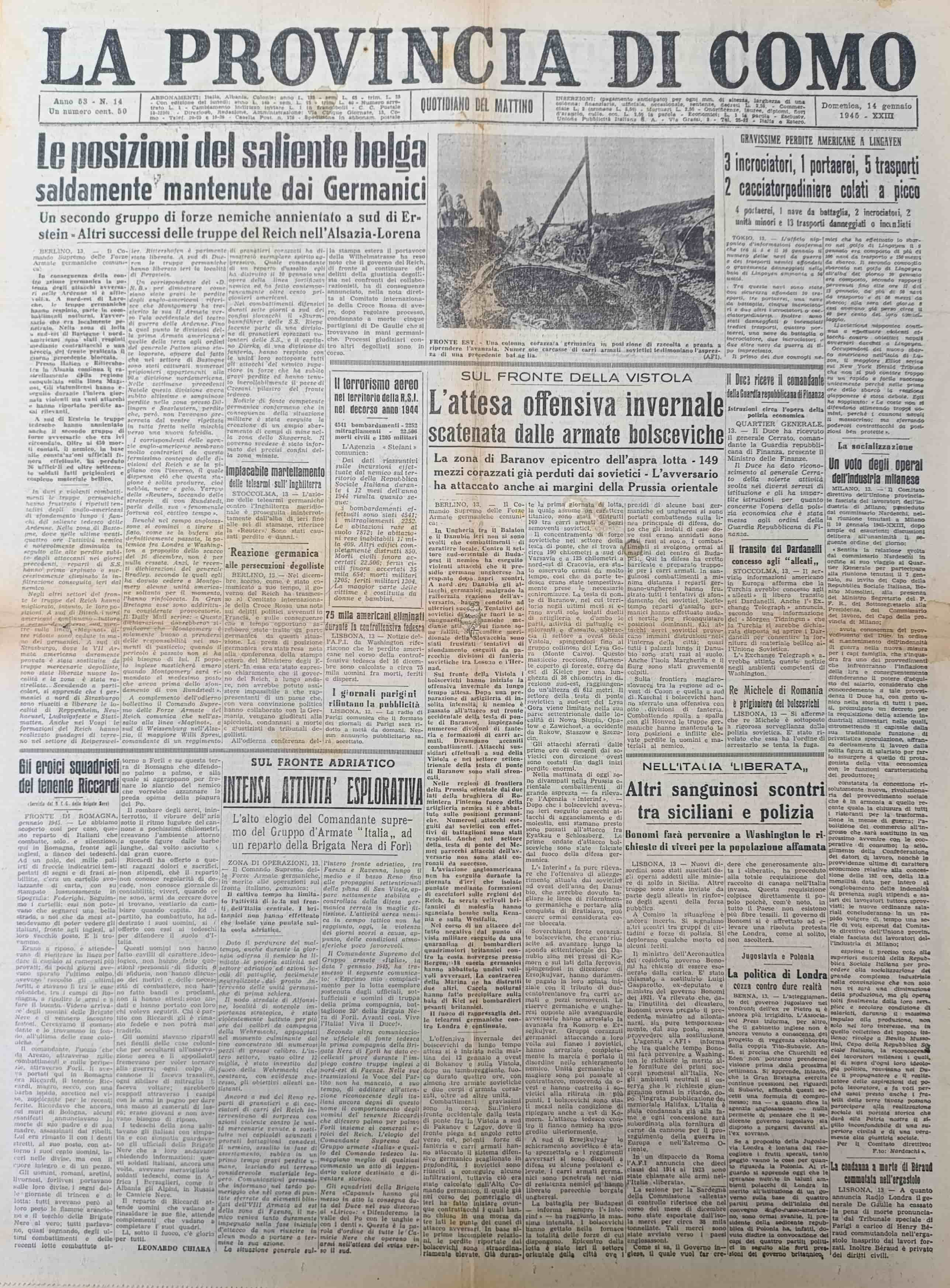 LA PROVINCIA DI COMO. 14 gennaio 1945. Quotidiano del Mattino.