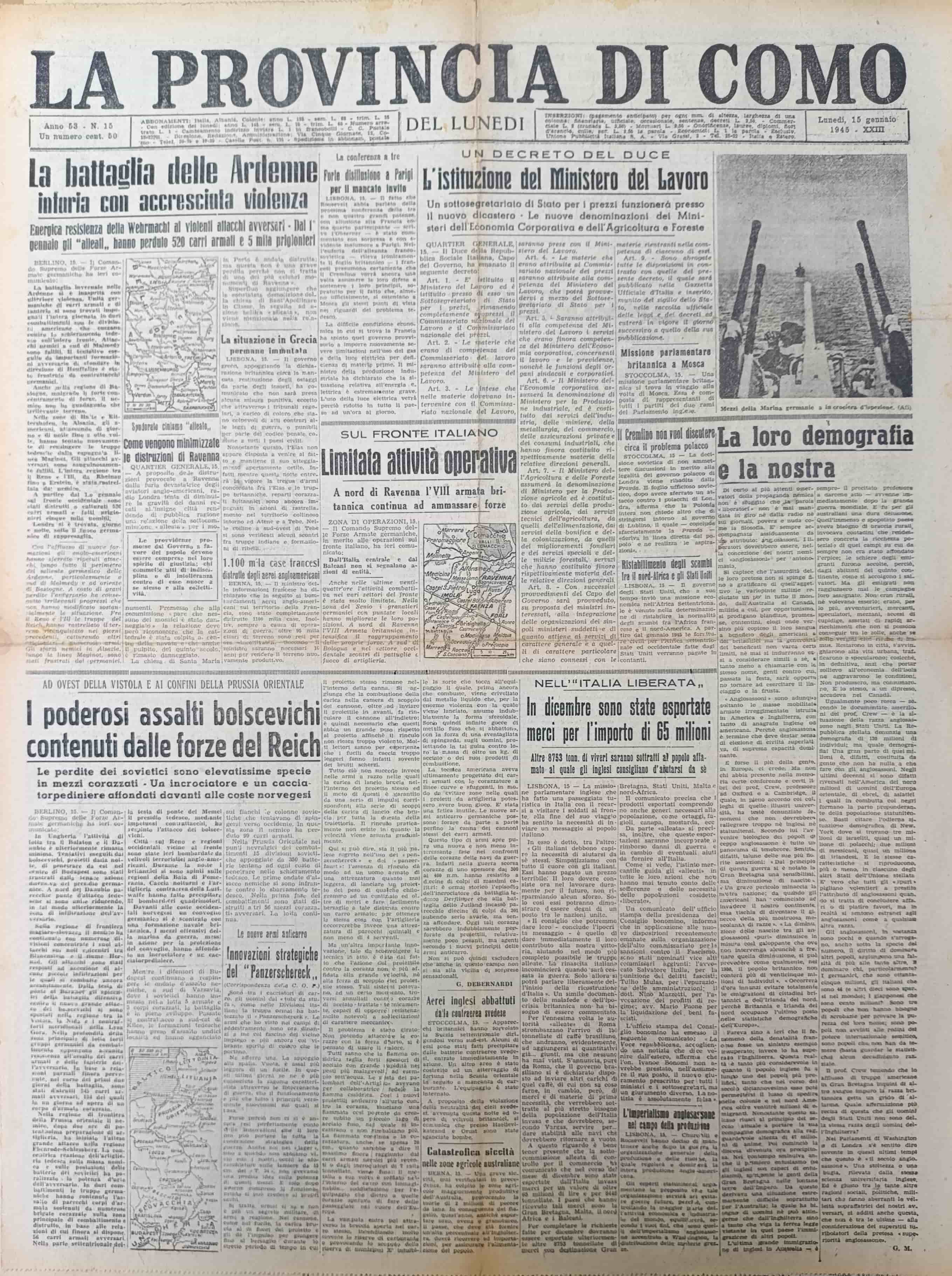 LA PROVINCIA DI COMO. 15 gennaio 1945. Quotidiano del Mattino.