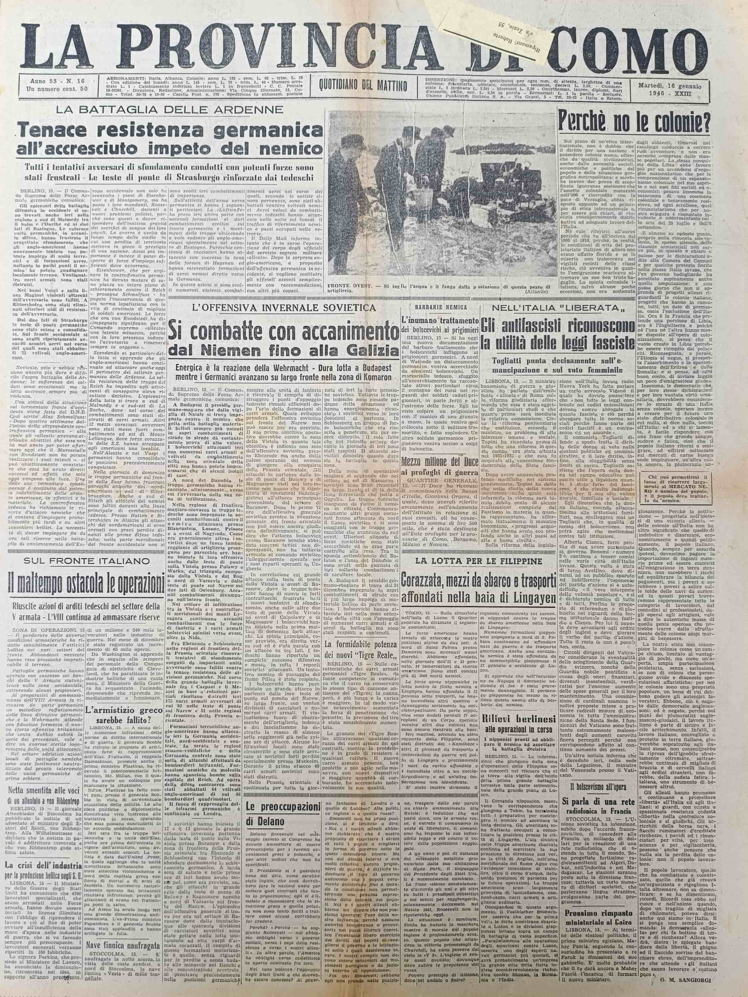 LA PROVINCIA DI COMO. 16 gennaio 1945. Quotidiano del Mattino.