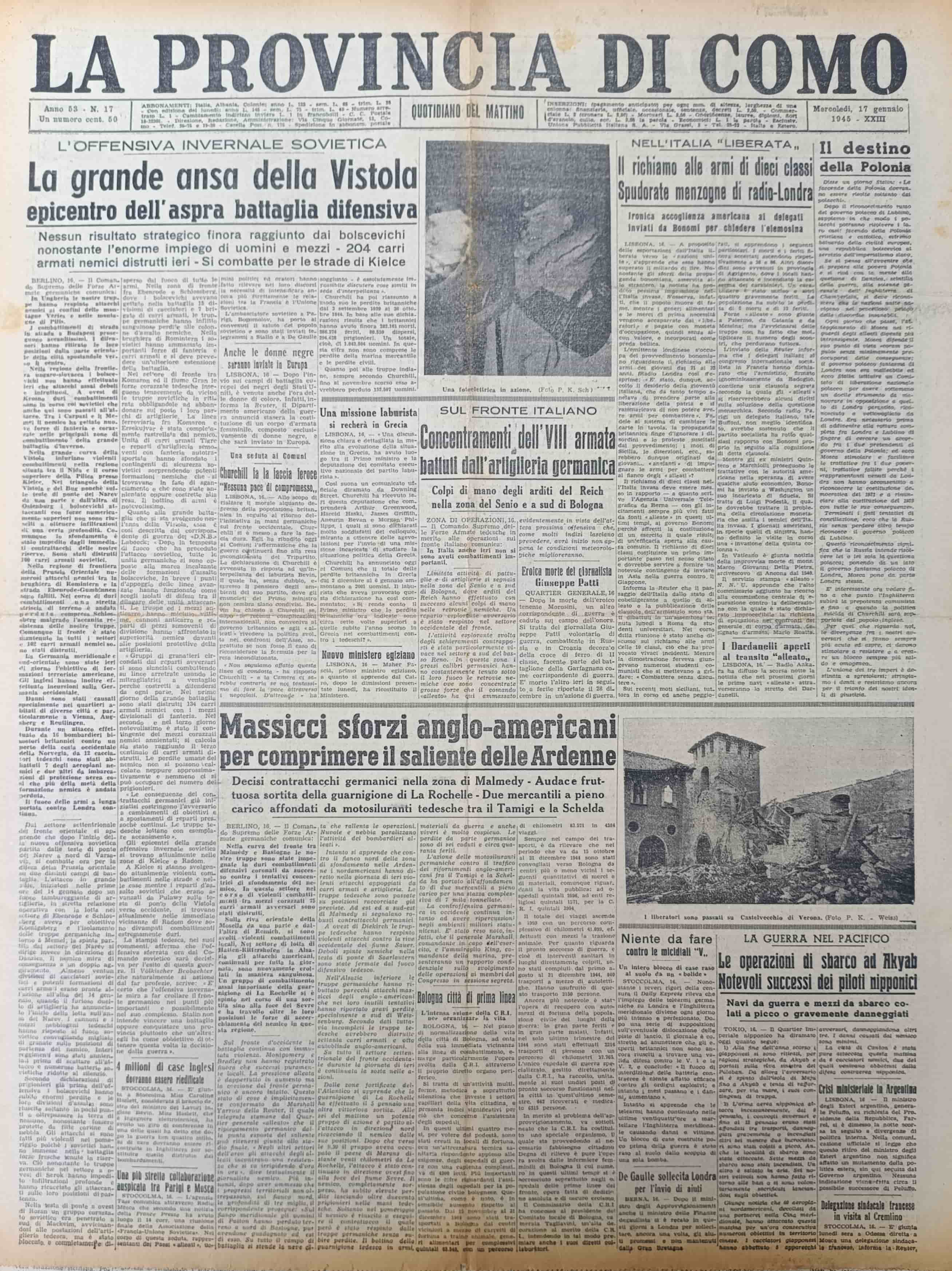 LA PROVINCIA DI COMO. 17 gennaio 1945. Quotidiano del Mattino.