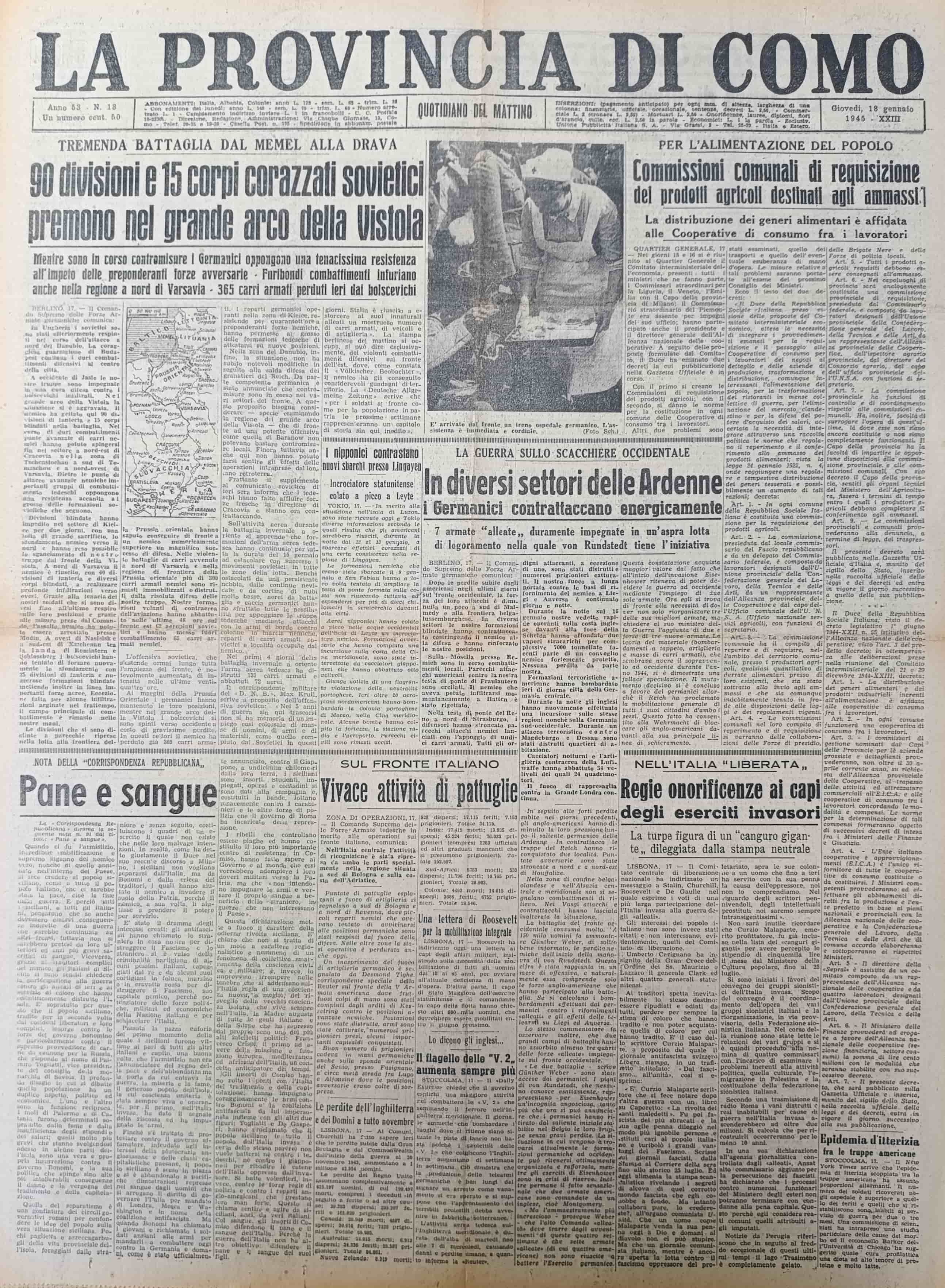 LA PROVINCIA DI COMO. 18 gennaio 1945. Quotidiano del Mattino.