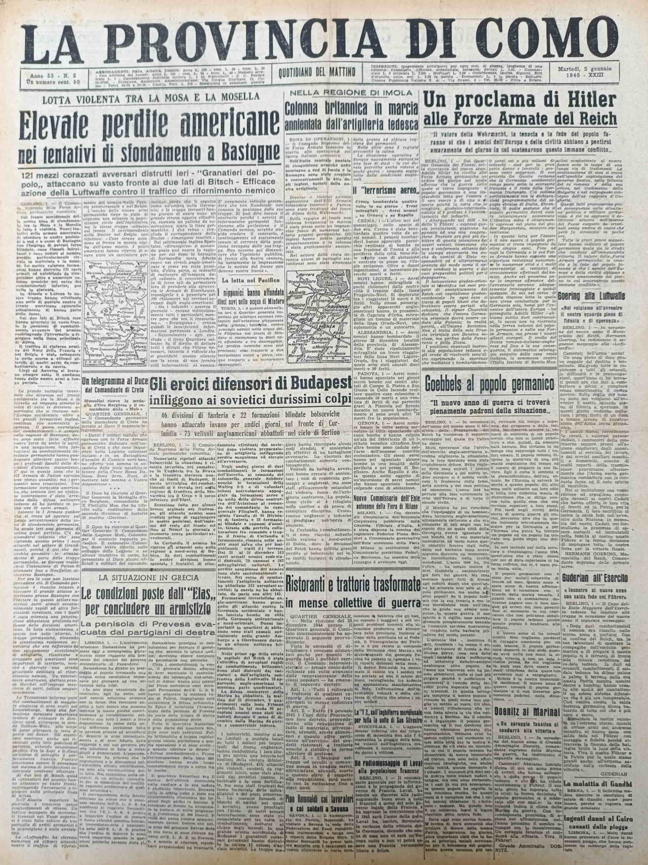 LA PROVINCIA DI COMO. 2 gennaio 1945. Quotidiano del Mattino.