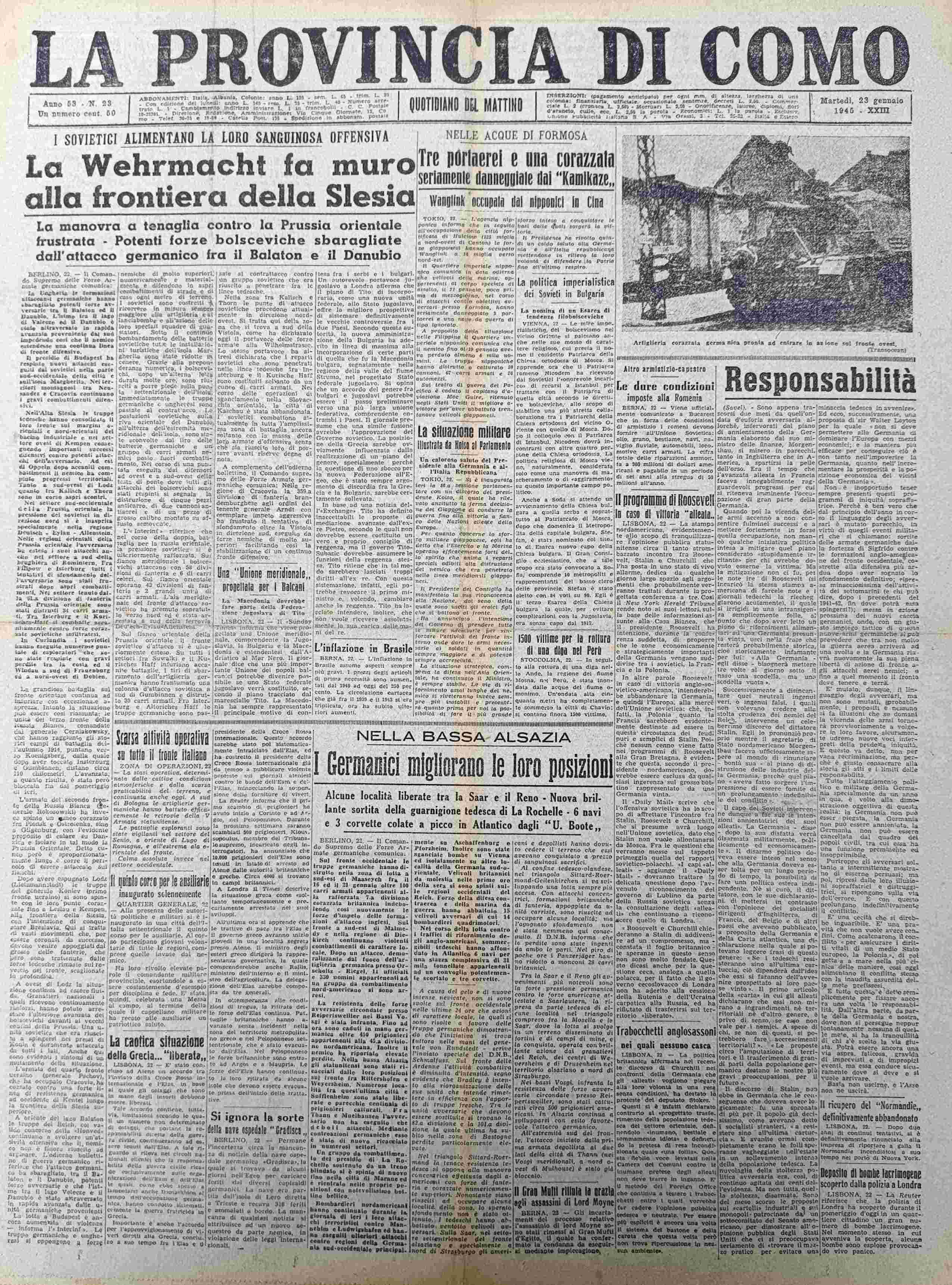 LA PROVINCIA DI COMO. 23 gennaio 1945. Quotidiano del Mattino.