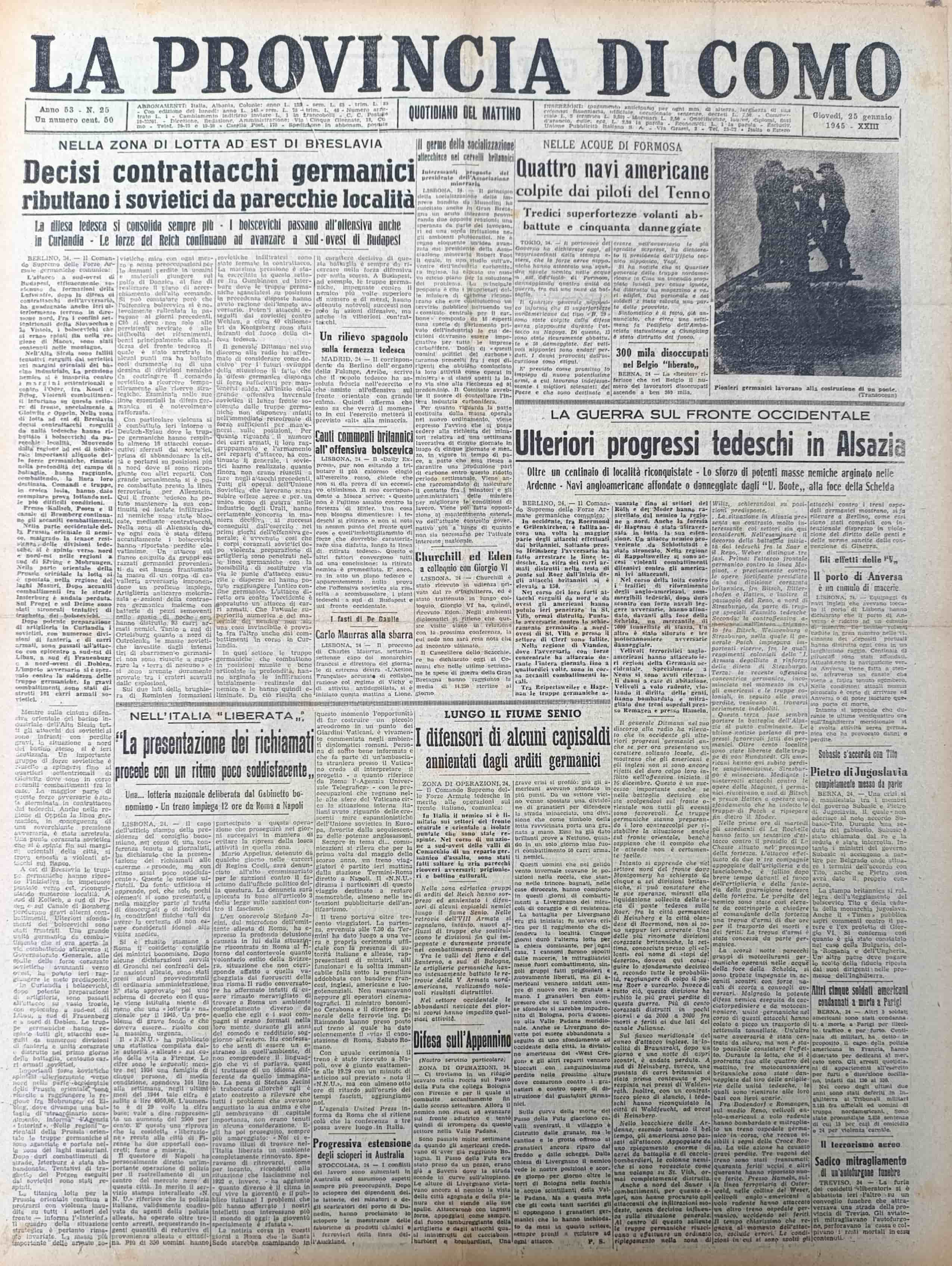 LA PROVINCIA DI COMO. 25 gennaio 1945. Quotidiano del Mattino.