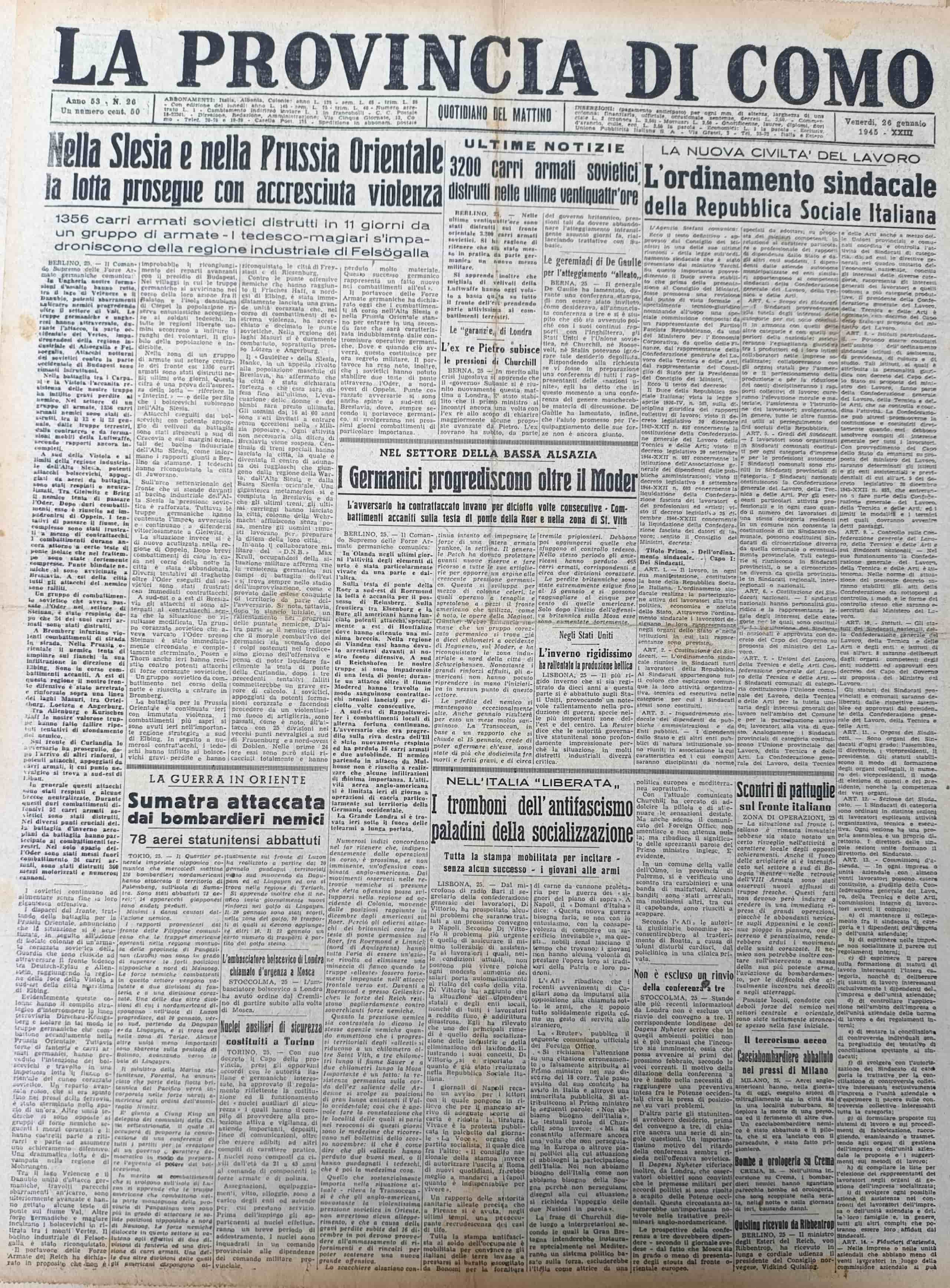 LA PROVINCIA DI COMO. 26 gennaio 1945. Quotidiano del Mattino.