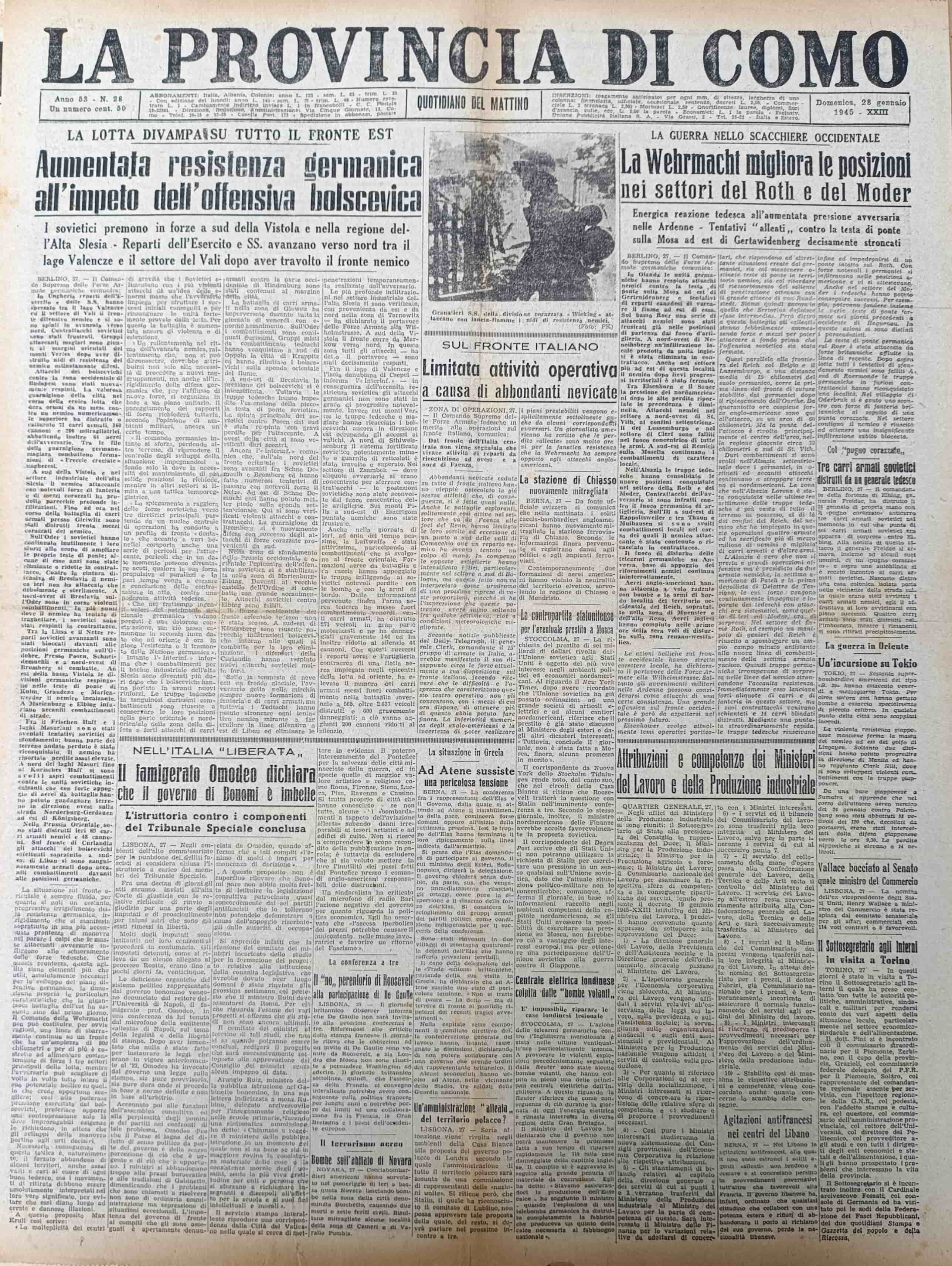 LA PROVINCIA DI COMO. 28 gennaio 1945. Quotidiano del Mattino.