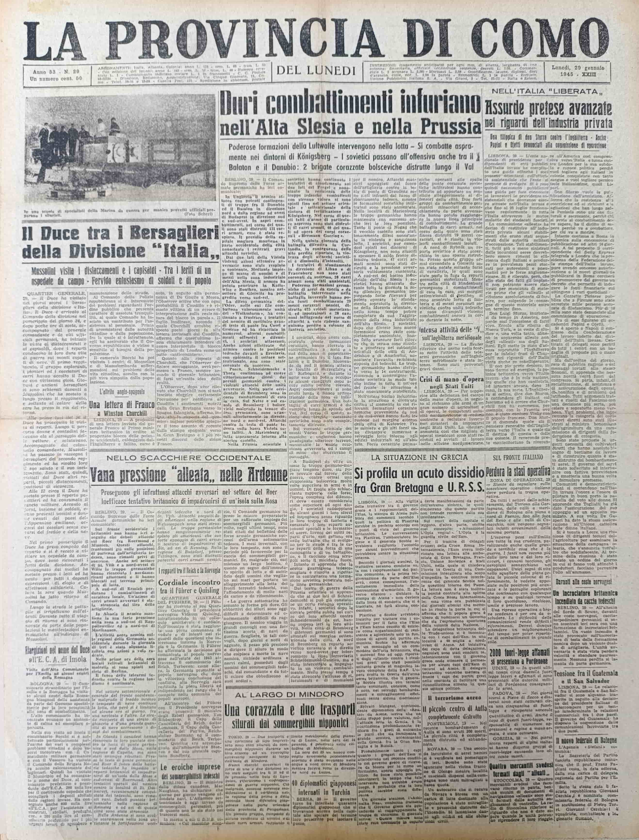 LA PROVINCIA DI COMO. 29 gennaio 1945. Quotidiano del Mattino.