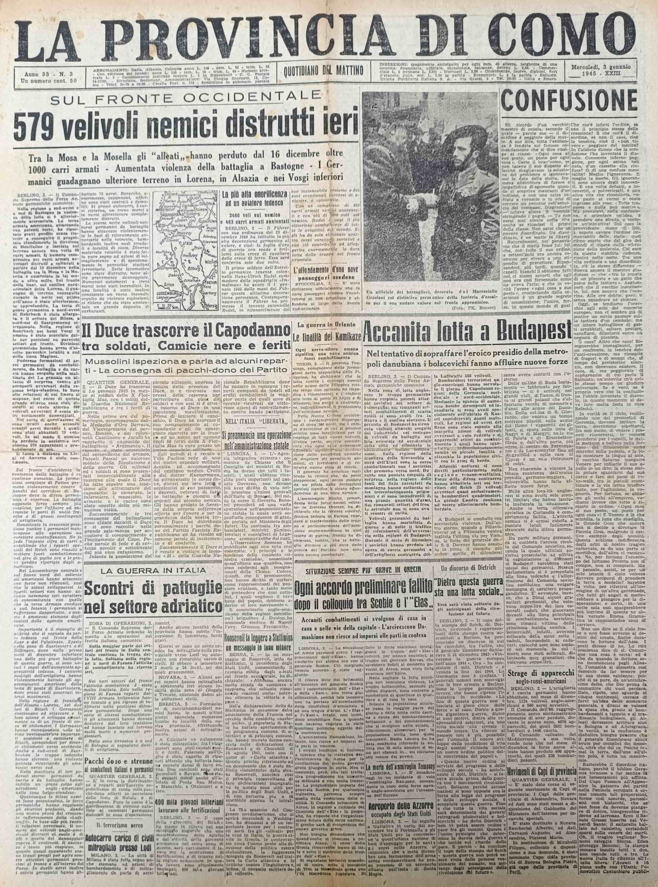 LA PROVINCIA DI COMO. 3 gennaio 1945. Quotidiano del Mattino.