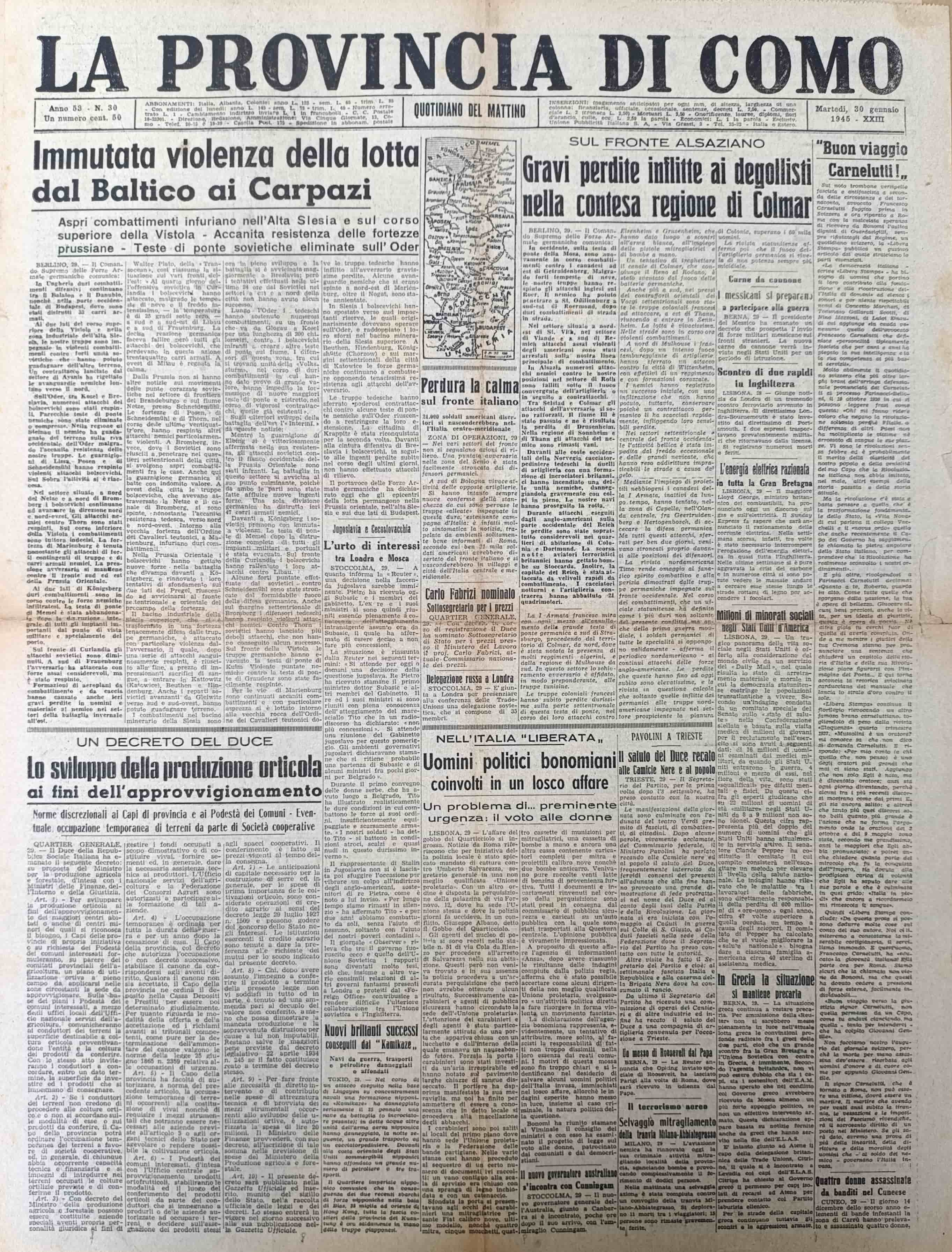 LA PROVINCIA DI COMO. 30 gennaio 1945. Quotidiano del Mattino.