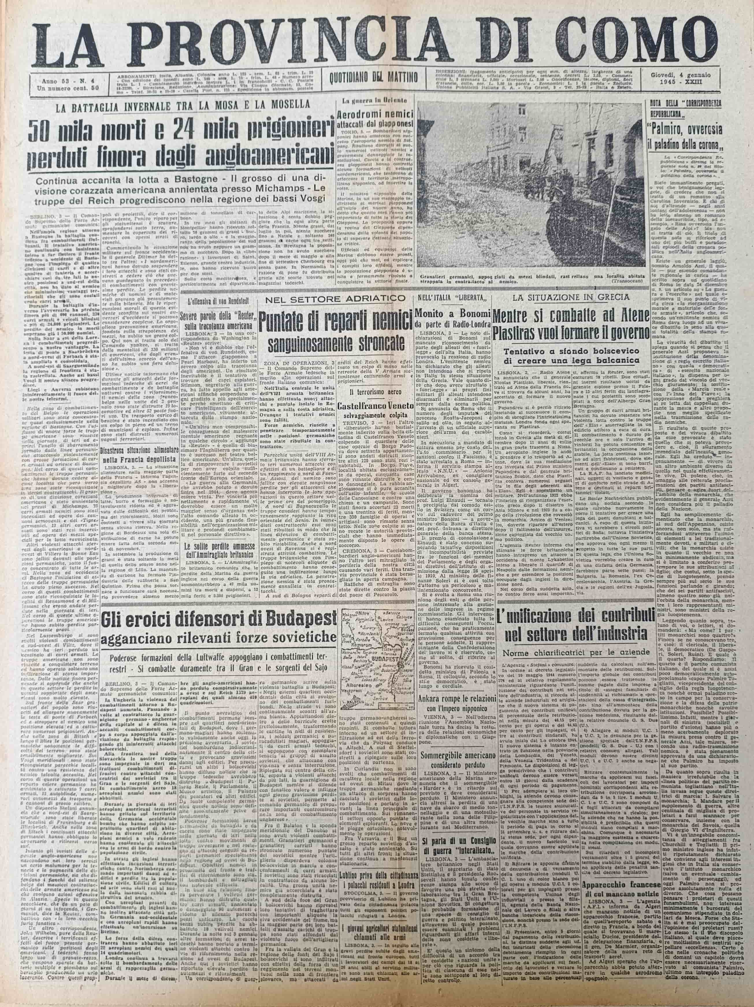 LA PROVINCIA DI COMO. 4 gennaio 1945. Quotidiano del Mattino.