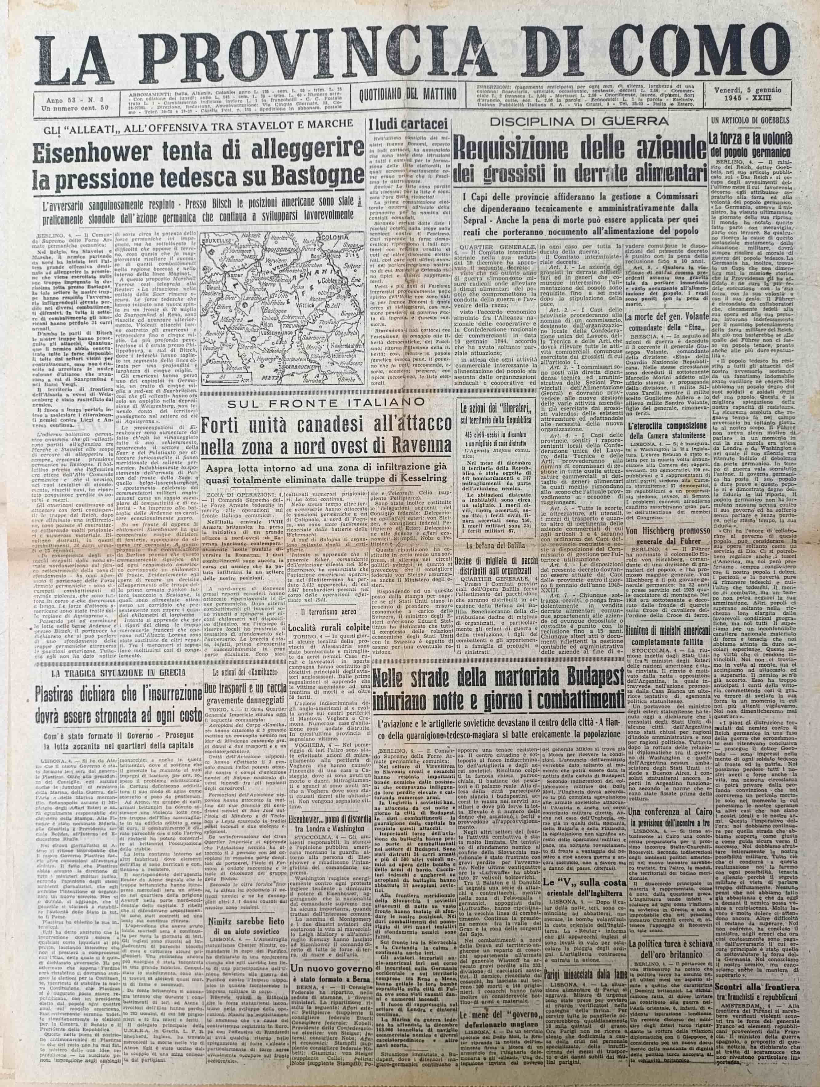 LA PROVINCIA DI COMO. 5 gennaio 1945. Quotidiano del Mattino.