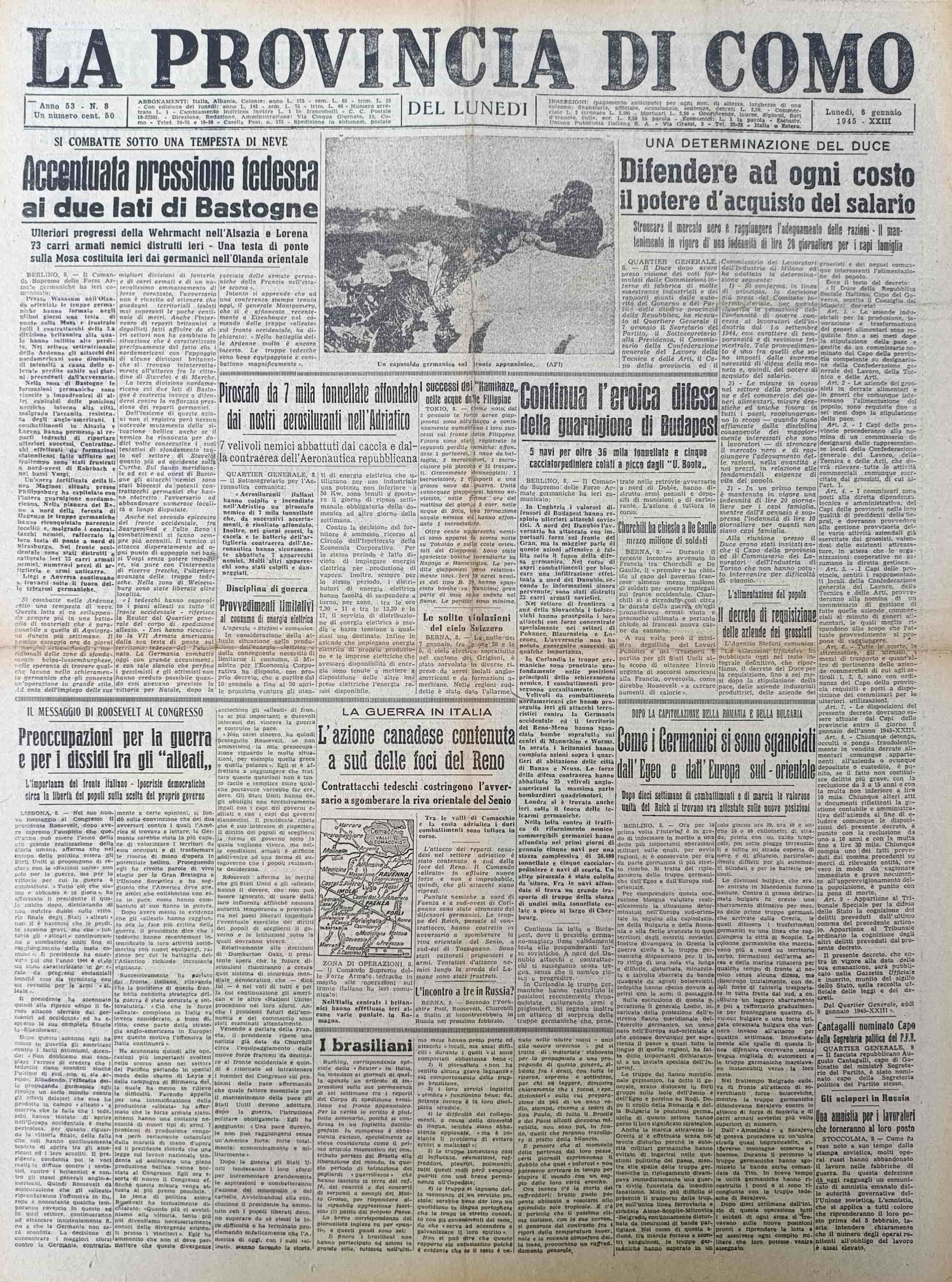 LA PROVINCIA DI COMO. 8 gennaio 1945. Quotidiano del Mattino.