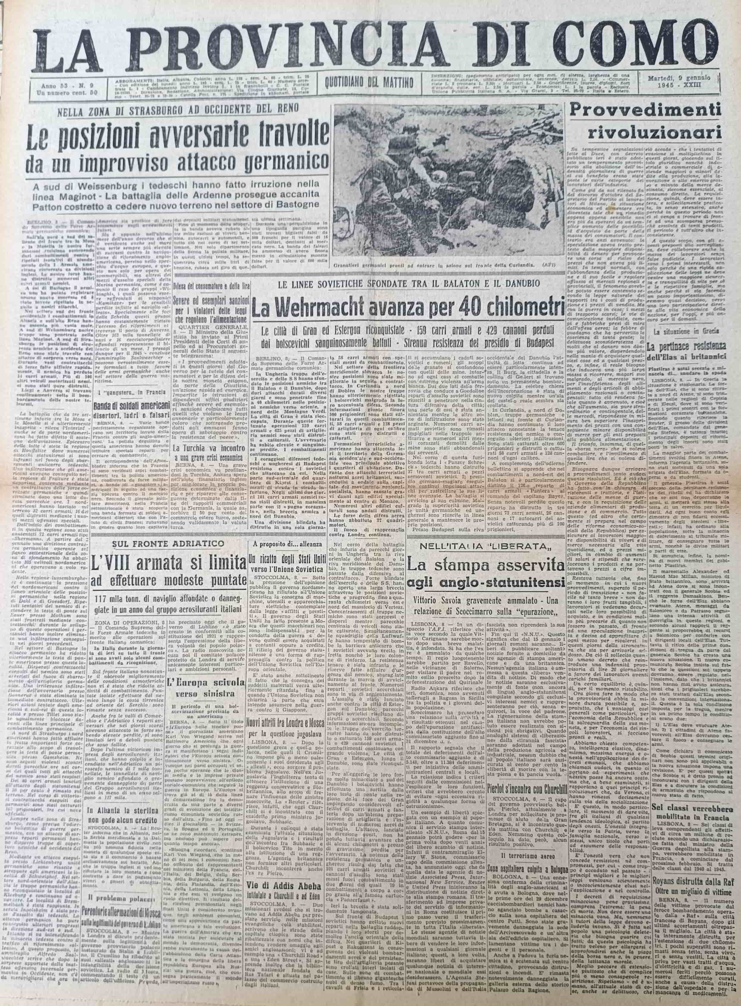 LA PROVINCIA DI COMO. 9 gennaio 1945. Quotidiano del Mattino.