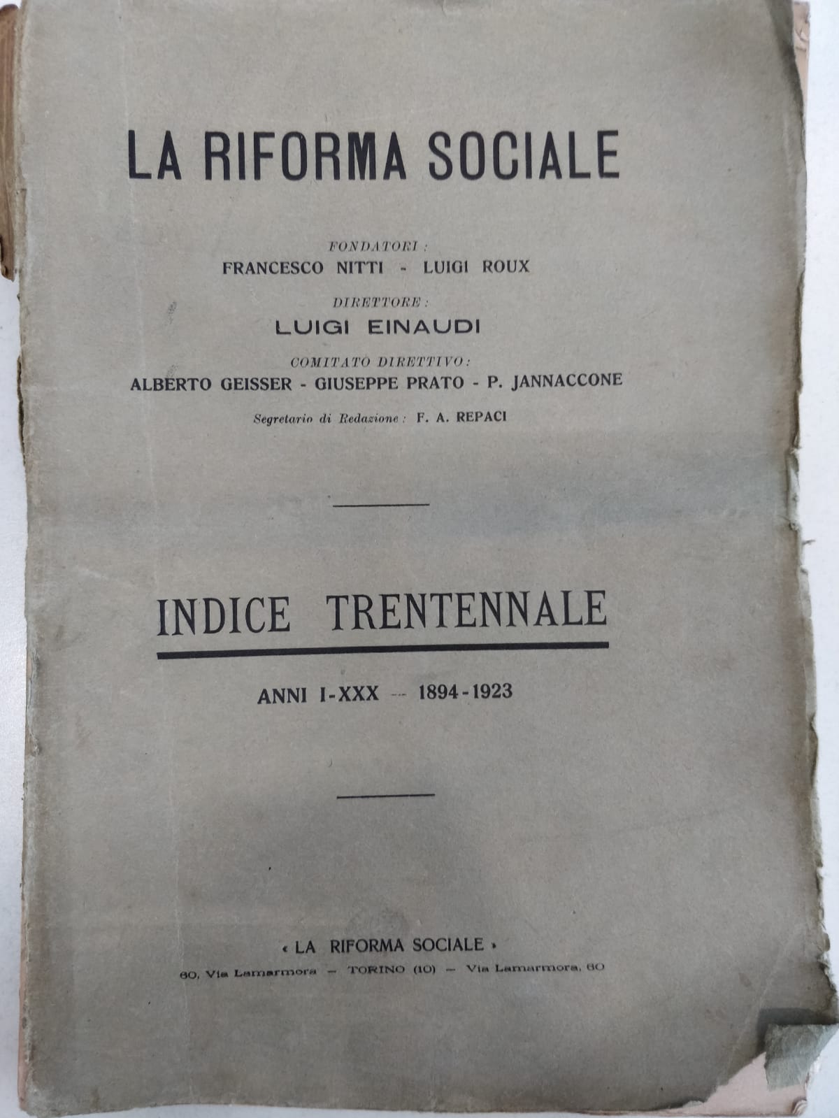 LA RIFORMA SOCIALE. INDICE TRENTENNALE. ANNI I-XXX. 1894-1923.