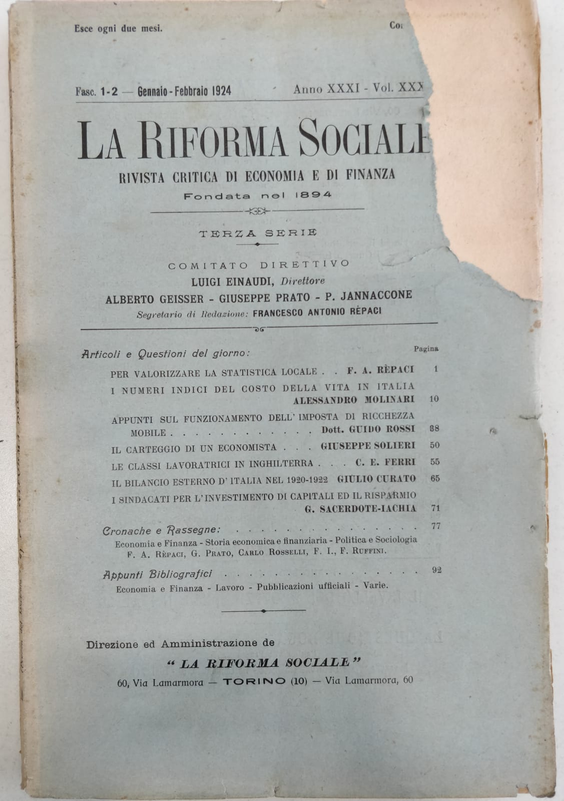 LA RIFORMA SOCIALE. RIVISTA CRITICA DI ECONOMIA E DI FINANZA. …