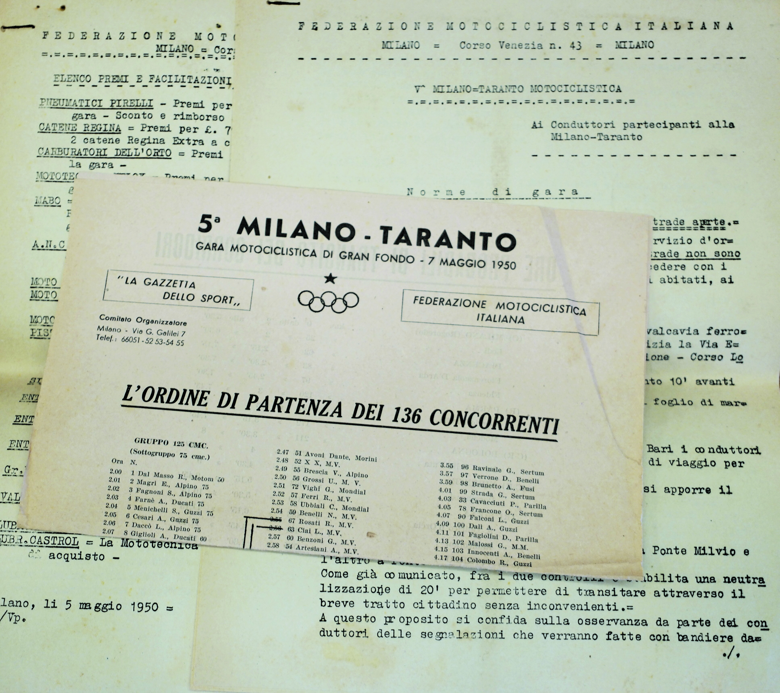 V (QUINTA) MILANO-TARANTO. GARA MOTOCICLISTICA. - Federaz. Motociclistica Italiana.