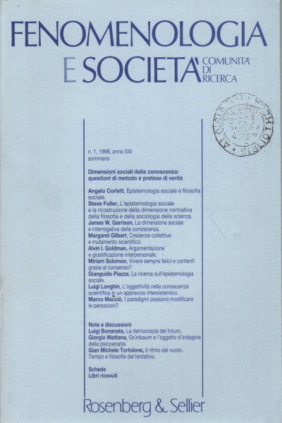 Fenomenologia e società. Periodico di filosofia - n.1, 1998, anno …