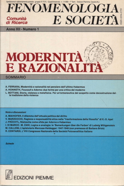 Fenomenologia e società. Periodico di filosofia - n. 1, 1989, …
