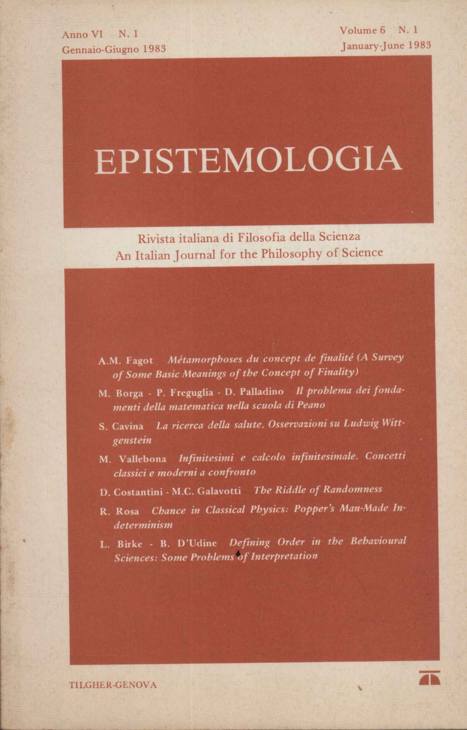 Epistemologia. Rivista italiana di Filosofia della Scienza (Anno VI 1983 …