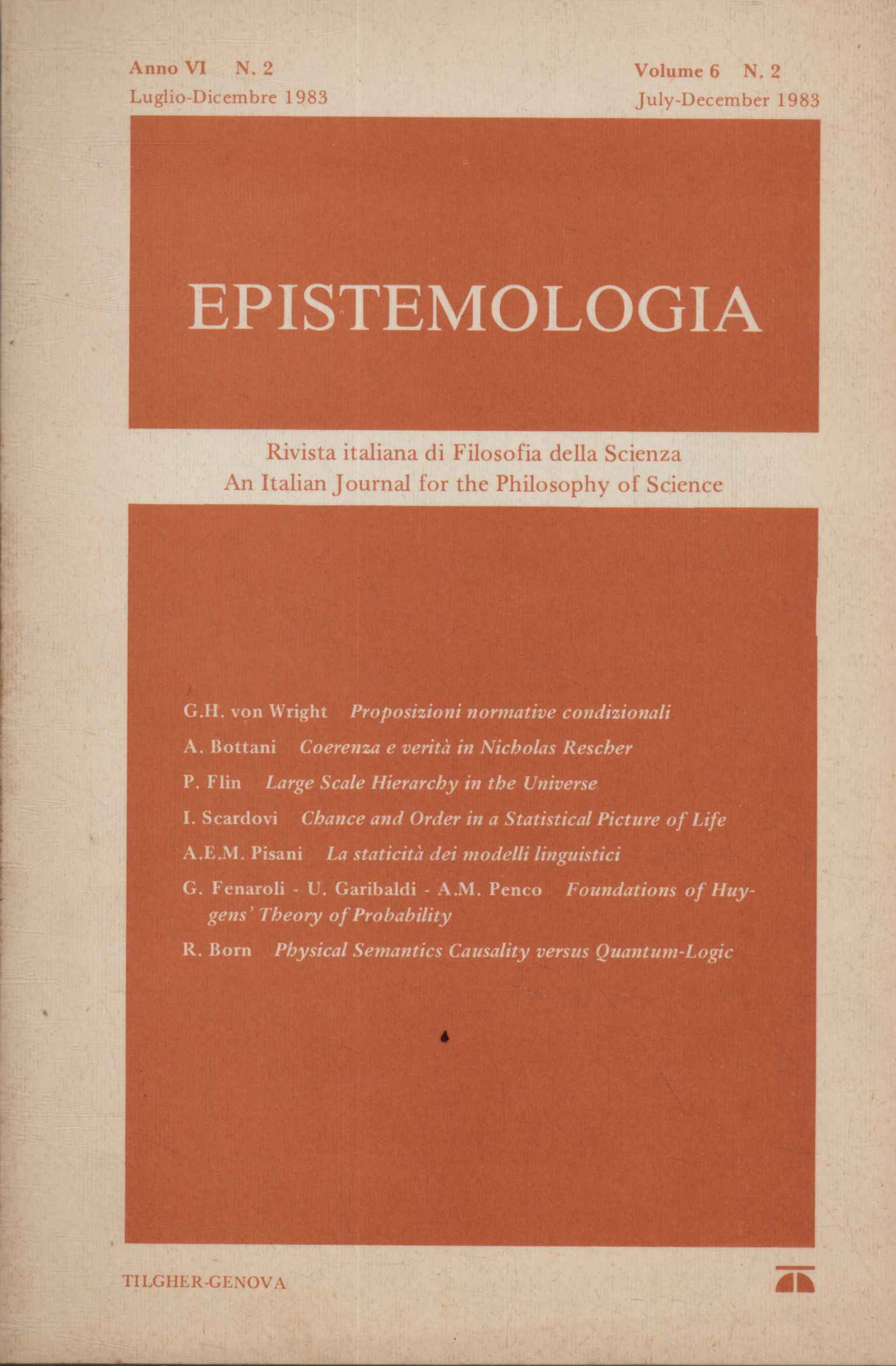 Epistemologia. Rivista italiana di Filosofia della Scienza (Anno VI 1983 …