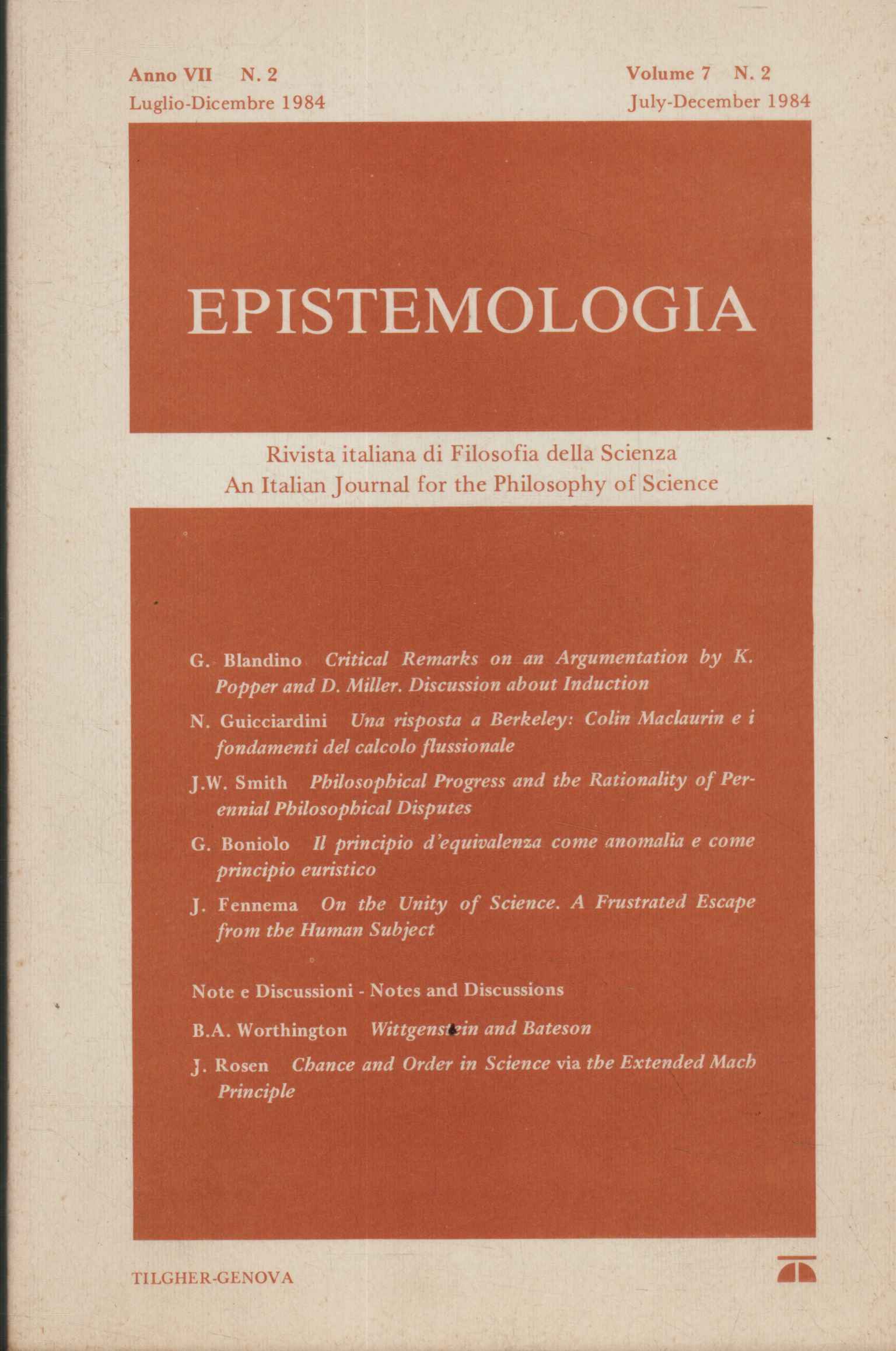 Epistemologia. Rivista italiana di Filosofia della Scienza (Anno VII 1984 …