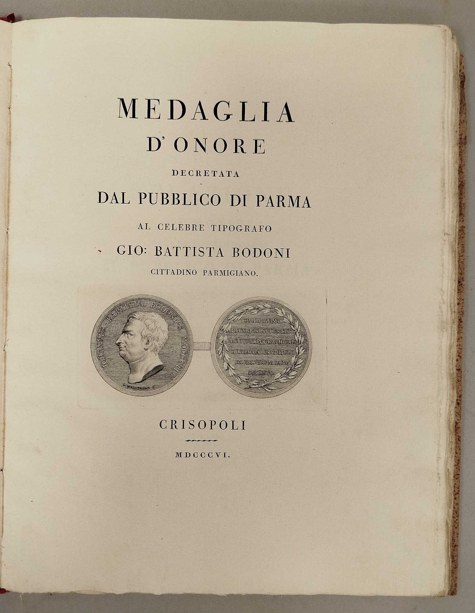Medaglia d'onore decretata dal pubblico di Parma al celebre tipografo …