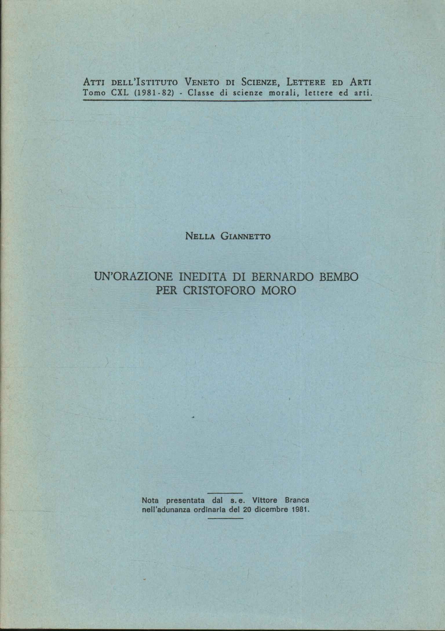 Un'orazione inedita di Bernardo Bembo per Cristoforo Moro
