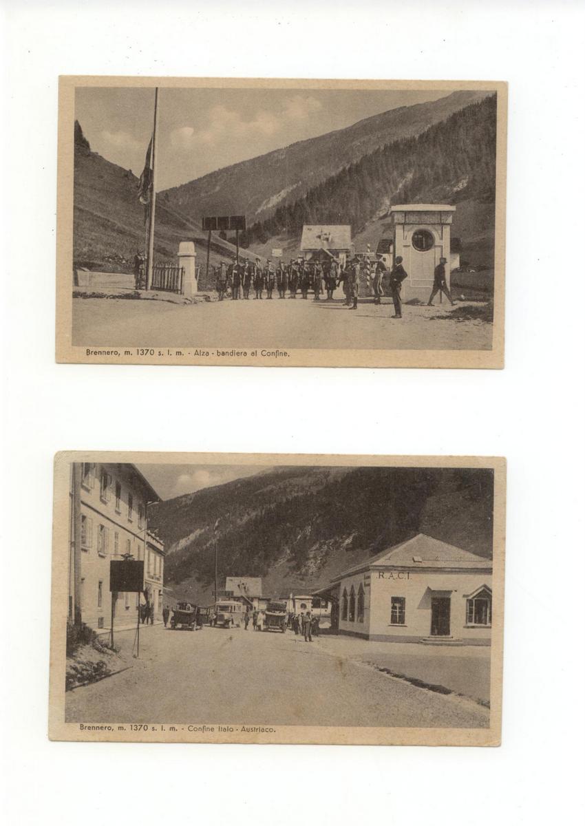 2 Cartoline Brennero Alzabandiera al Confine Italo-Austriaco 1936 viaggiata auto