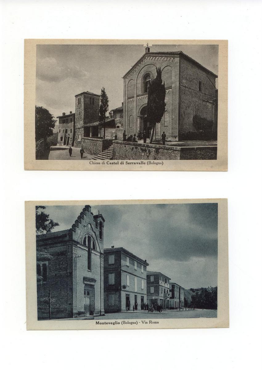 2 cartoline Monteveglio Via Roma Chiesa di Castel di Serravalle …